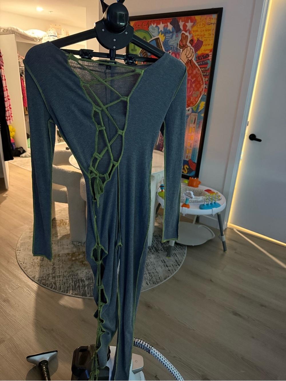 Fashion Nova Olive Green Ribbed Long-Sleeve Jumpsuit with Lace-Up Back